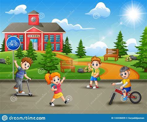 Happy Kids Playing In Front Of The School Building Stock Vector