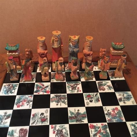 Antique Chinese Chess Board Vintage Asian Hand Carved Painted Set
