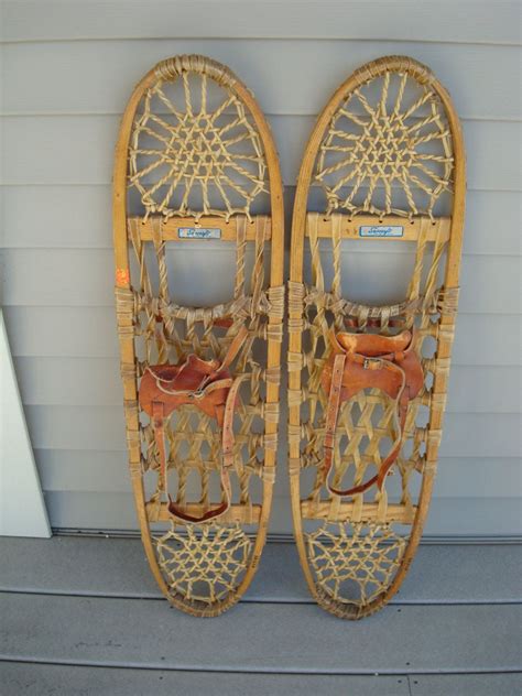 Nice Solid Vintage Wood And Rawhide Snowshoes With Leather Straps