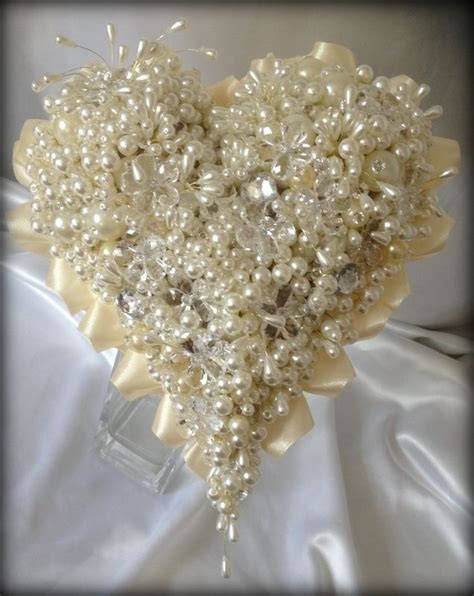 Brides Unique Heart Shaped Pearl And Crystal Keepsake Wedding Bouquet