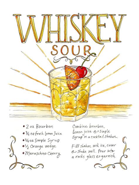 Whiskey Sour Recipe Watercolor Art Print Whiskey Sour Sour Foods Pen And Watercolor