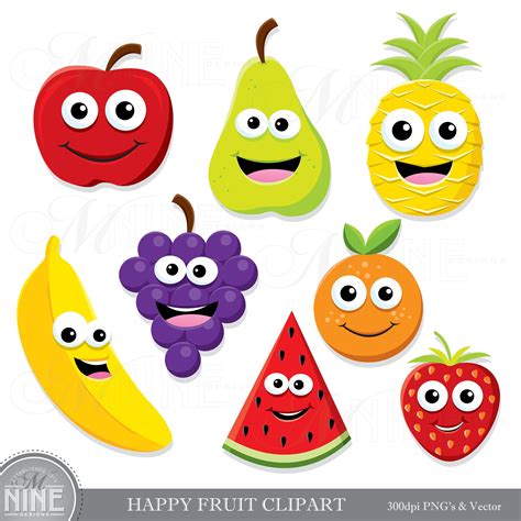 Happy Fruit Clip Art Fruit Clipart Downloads Cute Fruit Etsy