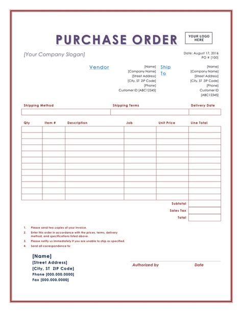 Purchase Order Template In Word And Pdf Formats