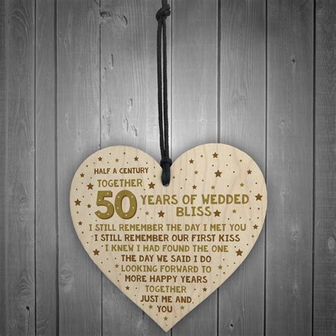 50th Wedding Anniversary Card Wood Heart Gift For Husband or Wife Thank ...