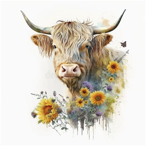 Highland Cow And The Sunflower Field Colorful Watercolor Generative
