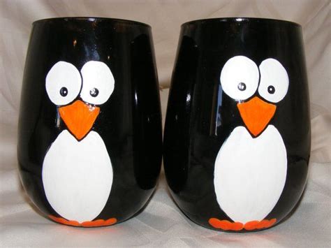 Hand Painted Stemless Penguin Wine Glasses One Pair Penguin Wine Glass Hand Painted Wine