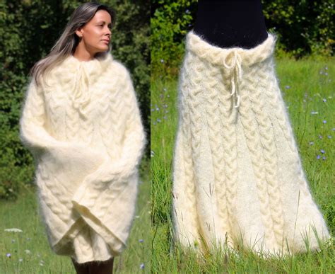 Extravagantza Hand Knit Mohair Sweater Fuzzy White Dress Cape Poncho