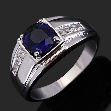 Solid wedding bands for men & women. New fashion men jewelry white gold male ring Blue stone Ring Engagement Ring for men Gift R057 ...