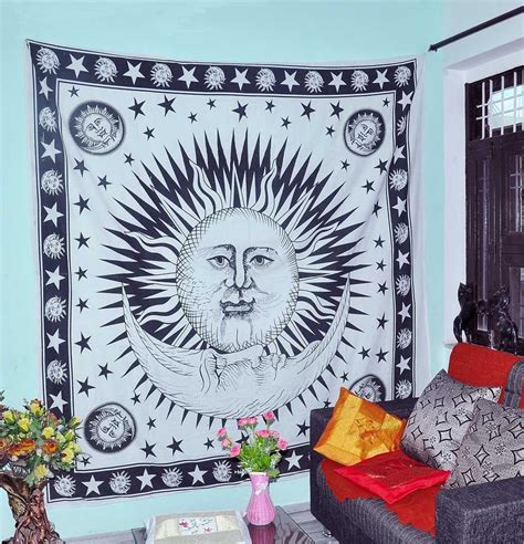 Tapestries White Sun Moon Printed Tapestry Cotton Wall Hanging For