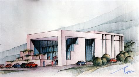 A Drawing Of A Building With Cars Parked In Front Of It And People