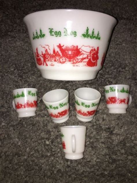 Vintage Hazel Atlas Milk Glass Egg Nog Punch Bowl W Glasses