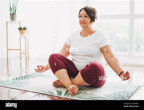 Adult Charming Brunette Woman Plus Size Body Positive Practice Yoga At