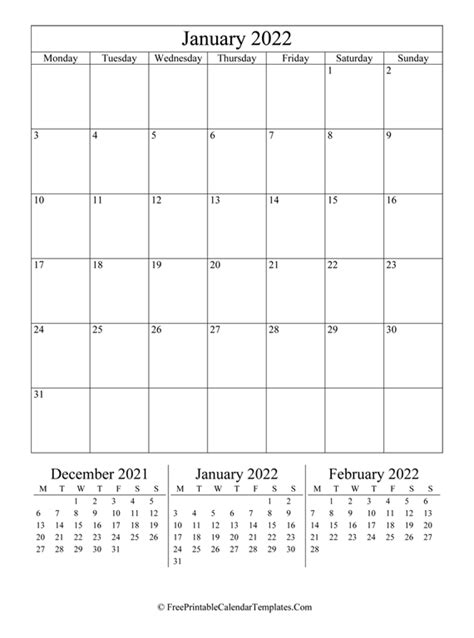 2022 January Calendar Printable Vertical