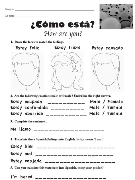 Spanish Worksheet Emotions