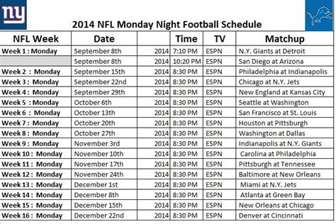 2014 Nfl Monday Night Football Schedule Monday Night