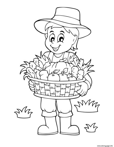 Enjoy our online coloring pages! Fall Farmer With Basket Of Vegetables Harvest Coloring ...