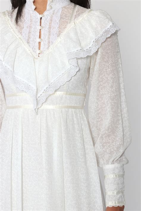 Gunne Sax Dress S White Maxi Prairie Dress Floral Calico Bohemian Wedding Dress Lace Ruffle