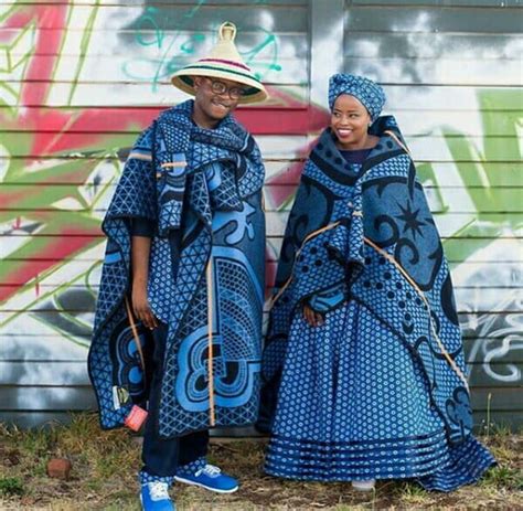 Basotho Couple In Traditional Wedding Seana Blanket Shweshwe Dress And