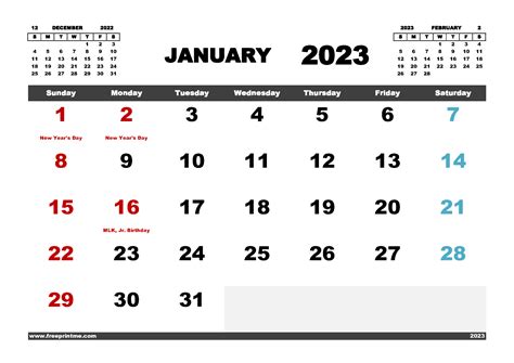 Free Printable January 2023 Calendar With Holidays Pdf In Variety