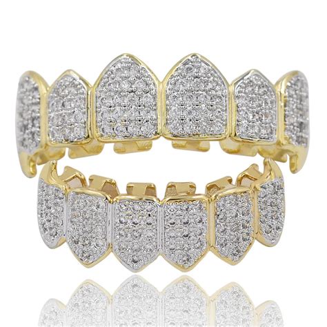 Rock Hip Hop Teeth Grillz Gold Color Silver Plated Micro Pave Cz Fang