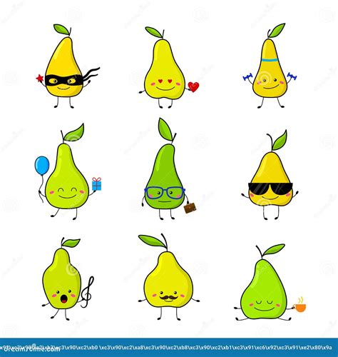 Set Of Funny Pears In Cartoon Style Stock Vector Illustration Of