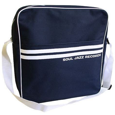 Navy Blue Record Bag Bag With White Soul Jazz Logo And Shoulder Strap