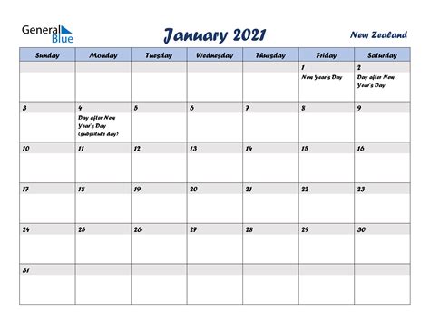 This blank january calendar printable is available in word or pdf format. January 2021 Calendar - New Zealand