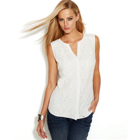 Inc International Concepts Sleeveless Lace Buttonfront Blouse In White