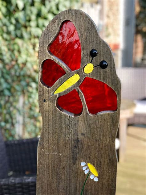Butterfly Garden Sculpture Stained Glass Reclaimed Wood Etsy