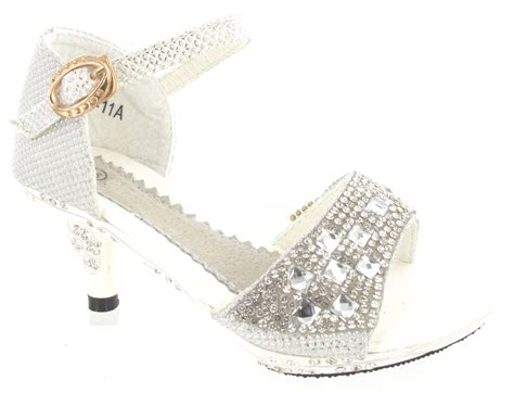 Kids Girls Wedding Sandals Low High Heel Diamante Party Brirdesmaid