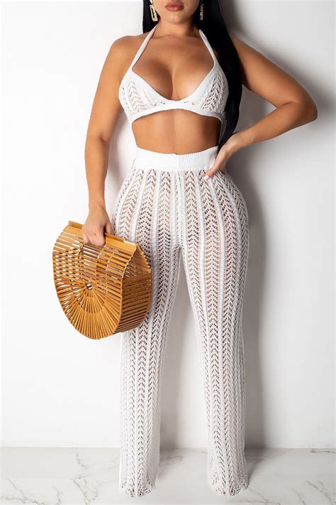 White Sexy Solid Hollowed Out Patchwork Halter Sleeveless Two Pieces Two Piece Pants Set