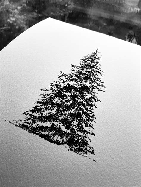 Snowy Pine Tree Pen And Ink Drawing Giclee Fine Art Print Etsy