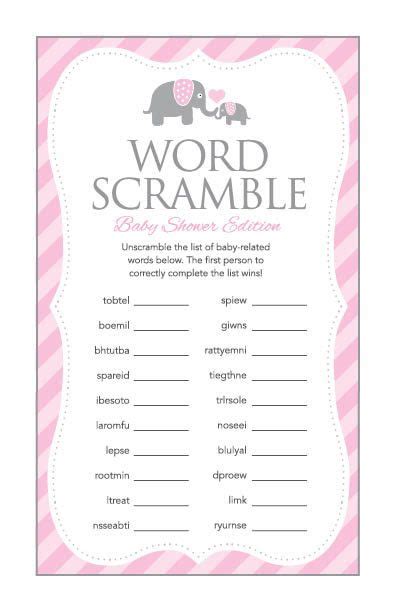 Your guests won't believe how great your baby shower looks and they won't even guess that you got so many of the items for free. Instant Download Pink Elephant Word Scramble Baby Shower ...