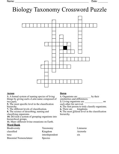 Biology Taxonomy Crossword Puzzle Wordmint