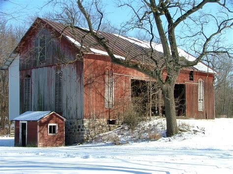 Historic Red Barn On A Midwestern Farm In Colon Michigan Winter 2013