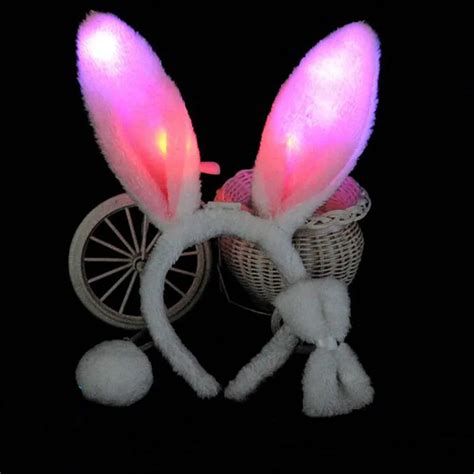 Light Flashing Led Plush Fluffy Bunny Rabbit Ears Headband Tail Tie Costume Accessory Cosplay