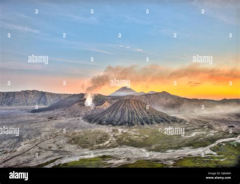 Sunset Smoking Volcano Gunung Bromo Mount Batok In Front Mount Kursi