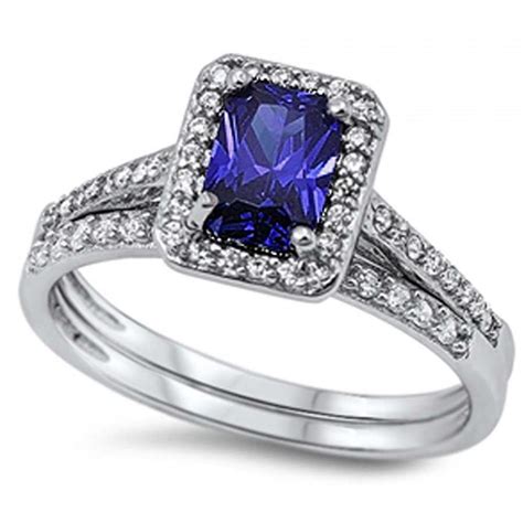 Halo Solitaire Accent Two Piece Wedding Engagement Ring 1 50ct Radiant Cut Blue Sapphire Cz 925