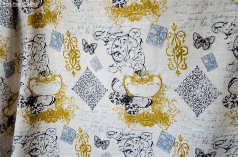 Butterfly Fabric Toile French Script Vintage Paris Gold Black