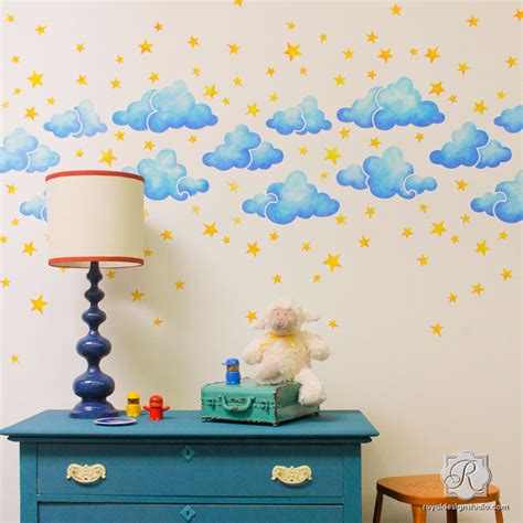 Painted Clouds Stars Sky Wall Stencils For Diy Nursery Decor Royal