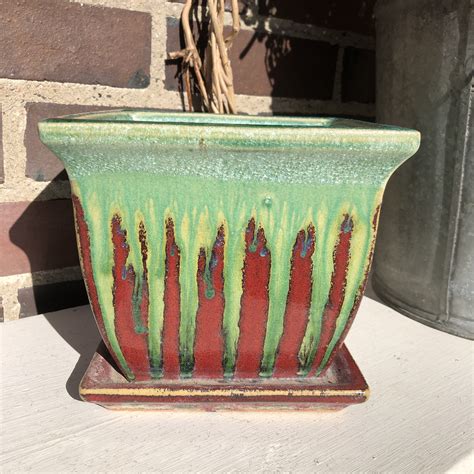 Vintage Drippy Glaze Clay Planter With Saucer Large Square Etsy
