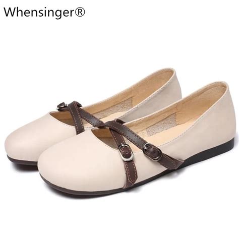 Whensinger 2023 New Arrival Genuine Leather Shoes Women Round Toe Flats