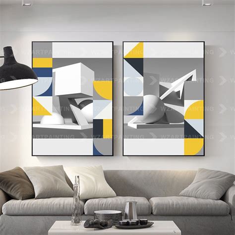 2 Pieces Geometric Yellow White Grey Print Painting Abstract Wall Art