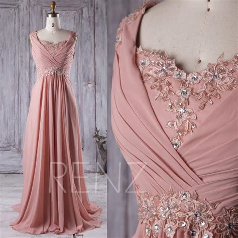 2016 Mauve Lace Neck Bridesmaid Dress With Beading Long Pleated
