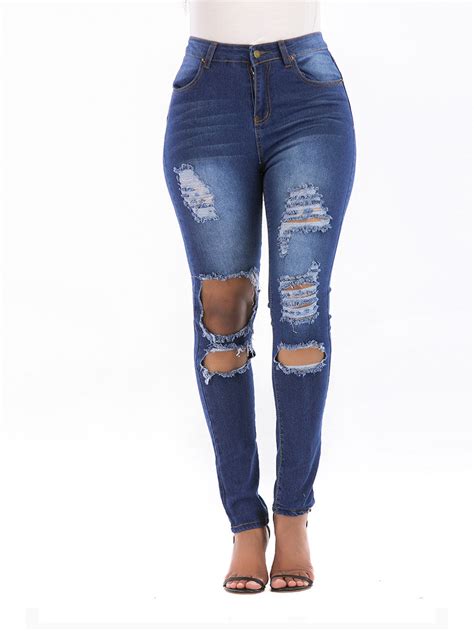 Wholesale Stylish Mid Waist Ripped Holes Skinny Jeans Vpm031326bu