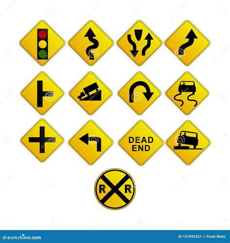 Set Of Yellow Road Traffic Signs Stock Vector Illustration Of Street