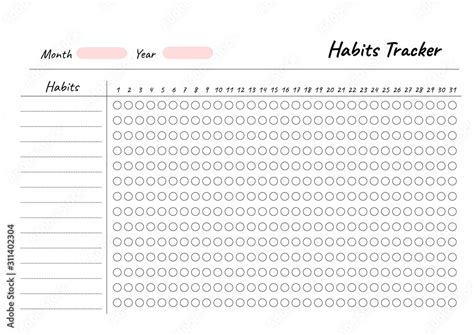 Habits Tracker Printable Template Vector Blank White Notebook Page A4