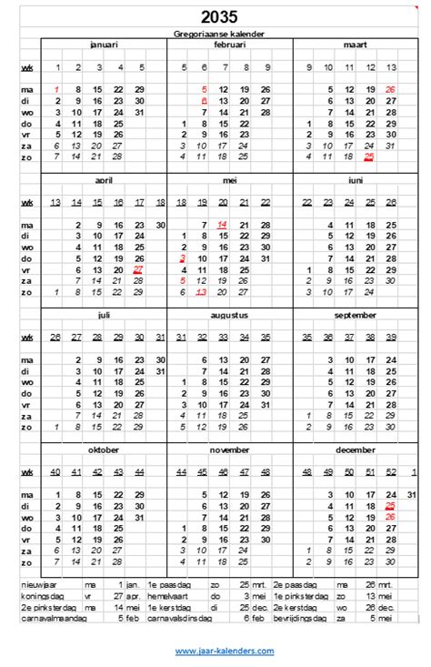 2035 Kalender Jaarkalender Met Weeknummers En Maanden Feestdagen