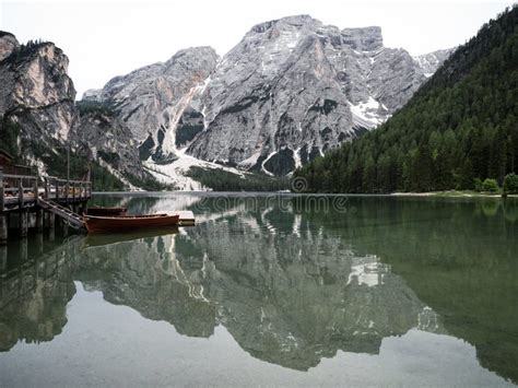 Panorama Reflection Boat House Of Lago Di Braies Pragser Wildsee Alpine