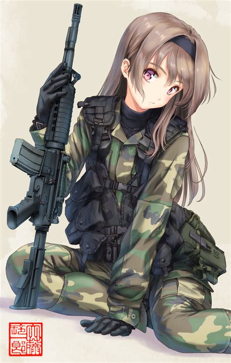 Safebooru 1girl Ammunition Pouch Arm Support Assault Rifle Bangs Black Gloves Camouflage